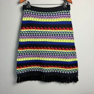 f.l. malik Retro Knit Skirt Colorful Fair Isle Boho Fringe Hem Wool Blend Size L